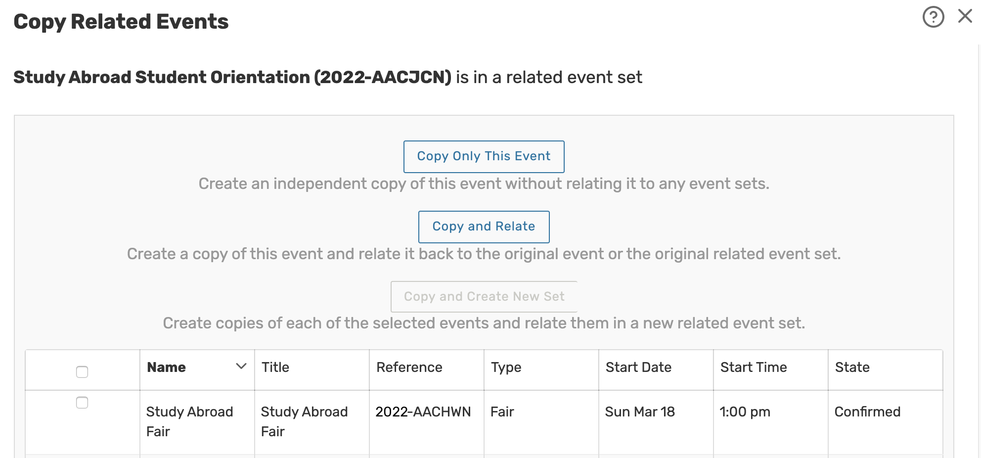 Use the Copy Related Events window to choose what you want to copy