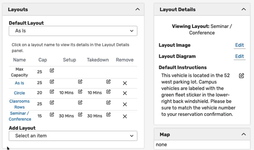 Animation: Use the edit links on each layout's row to edit the fields for setup and takedown times.