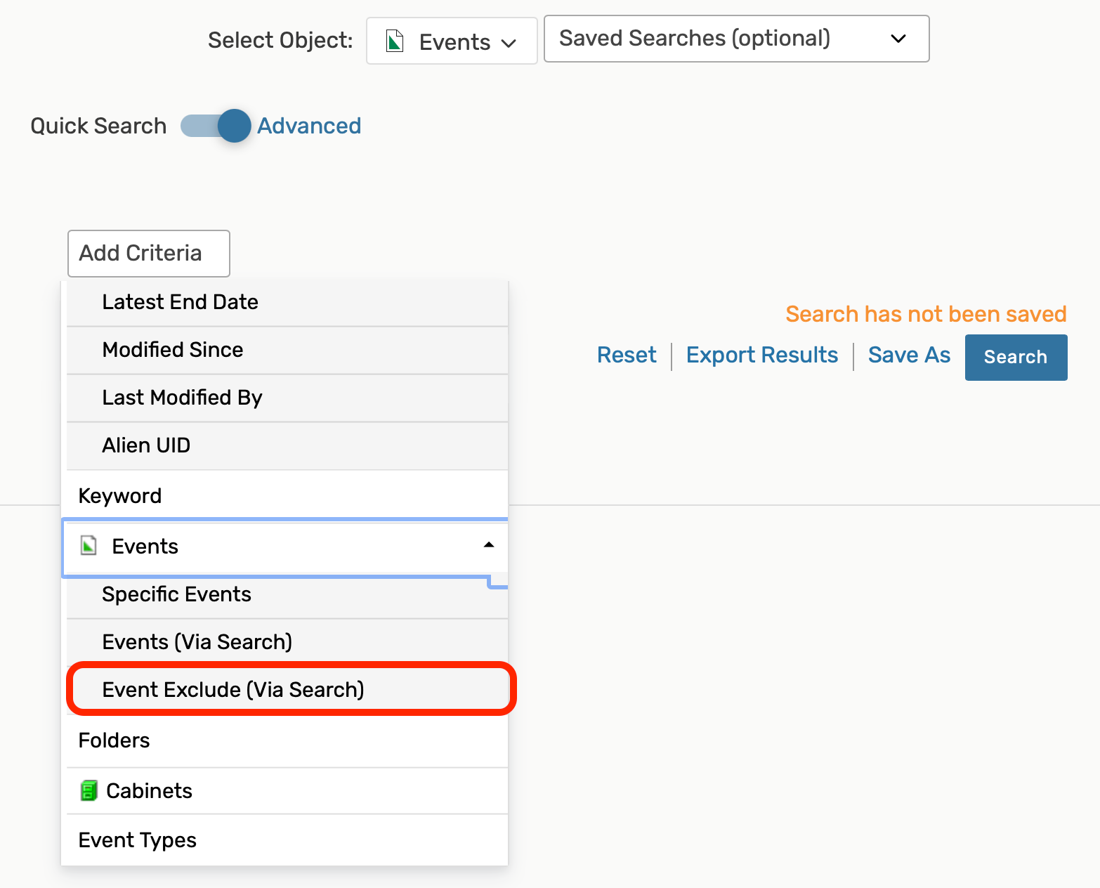 Choose Add Criteria > Events > Event Exclude to not display some search results.