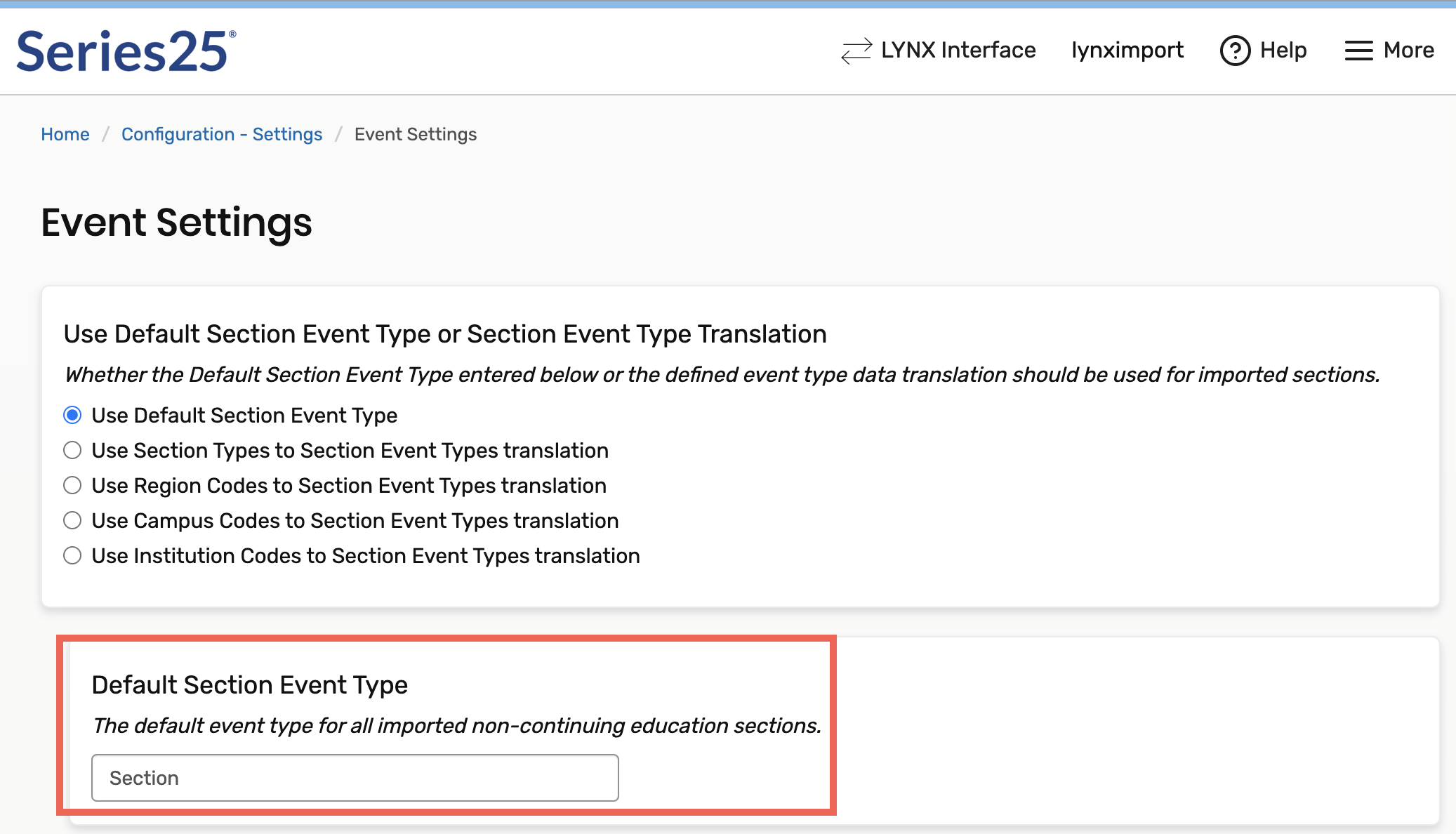 Choosing a value for the default section event type