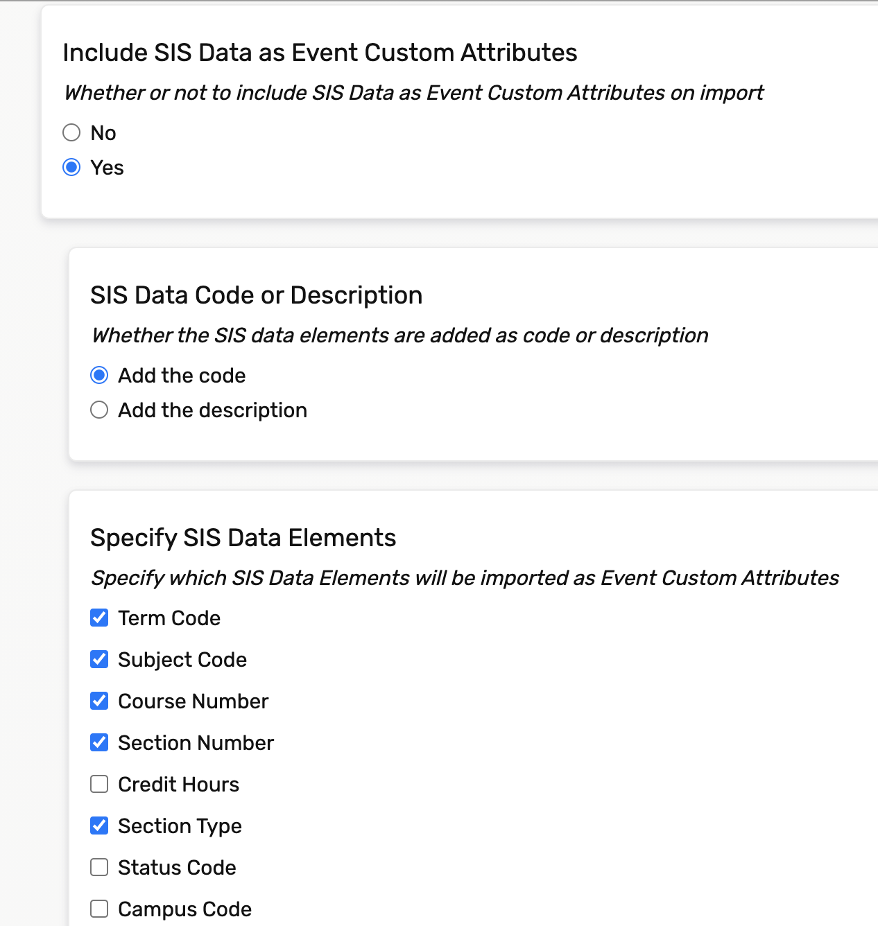 Selecting fields to import to 25Live as custom attributes