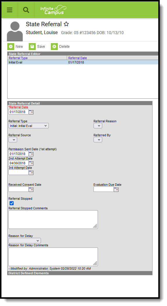 Screenshot of the state referral entry tool.