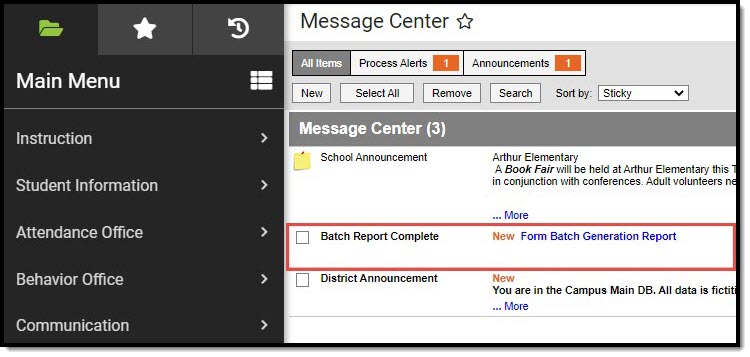 Screenshot of message center with Batch Report Complete notification highlighted.
