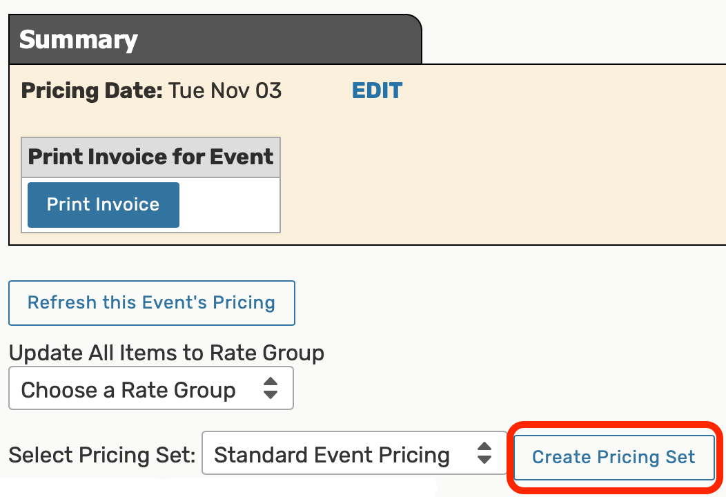 Location of Create Pricing Set button