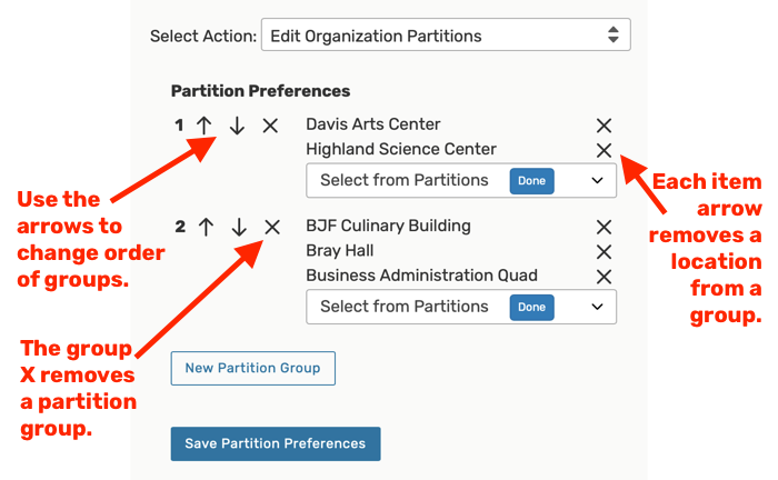 Use the arrows and X controls to adjust the order and included locations in partition groups