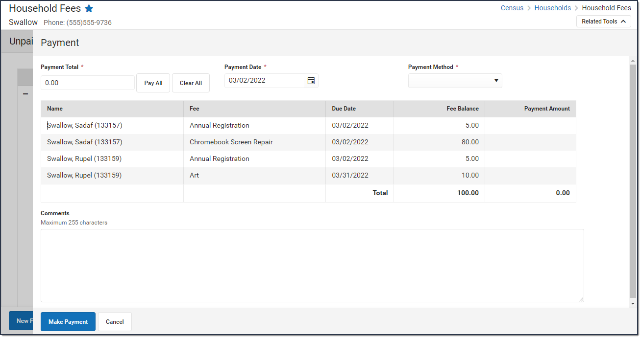 Screenshot of the Payment panel with four fees that have not been paid.