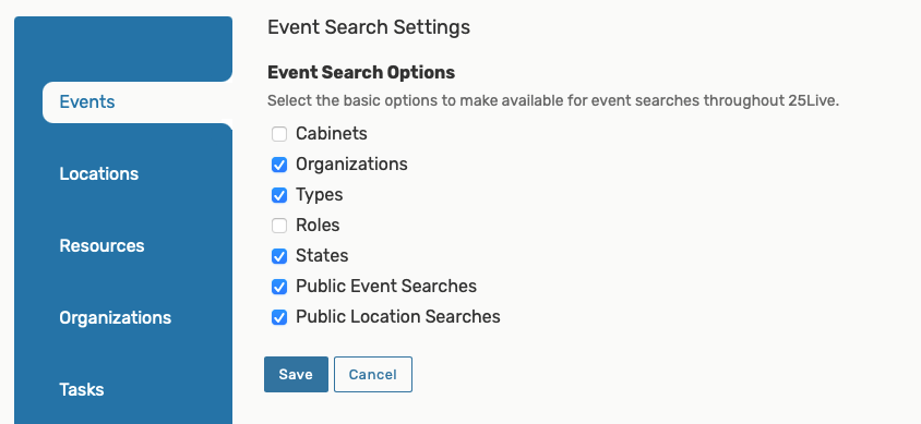 Search Settings - Events