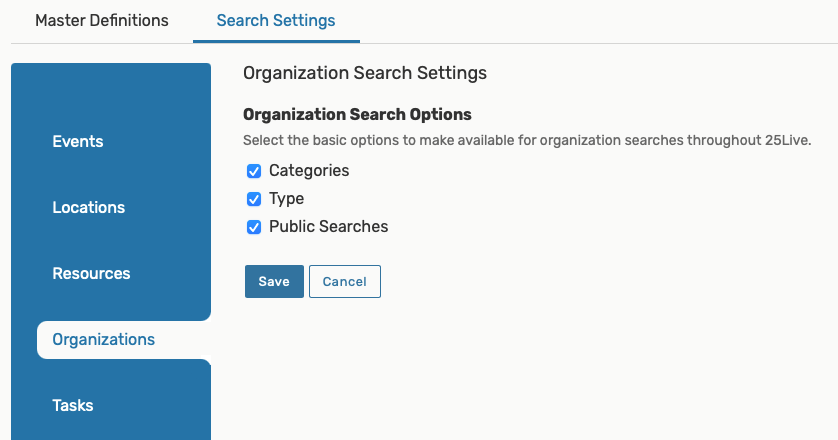 Search Settings - Organizations