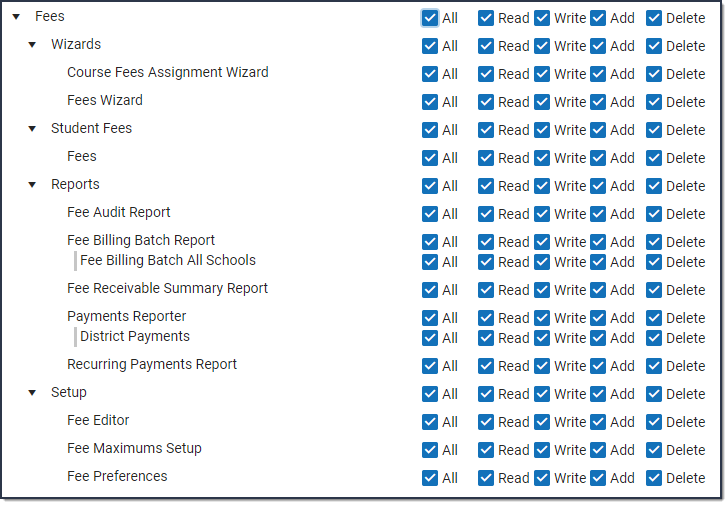 Screenshot of fees tool rights