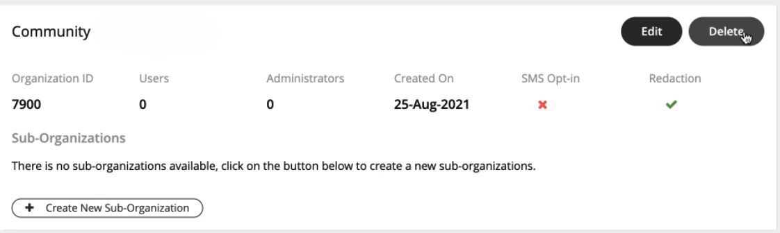 Organization details showing 0 Users and 0 Administrators and Delete button