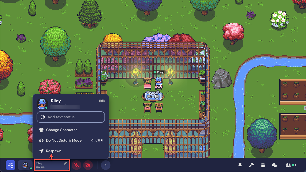 A garden Space in Gather, with the Personal Menu in the Navigation Bar outlined in red, with a red arrow pointing to the open Personal Menu, where you can select Change Character . 