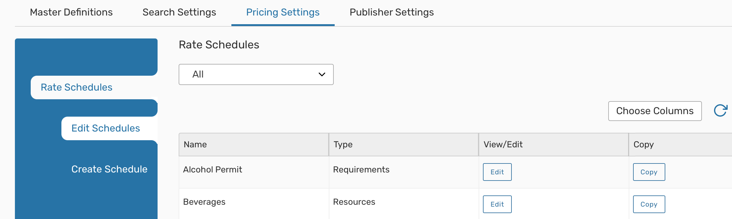 Rate Schedules are found in the Pricing Settings area of System Settings in 25Live