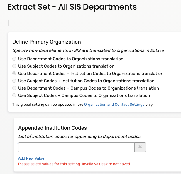 Screenshot of the organization extract set settings page, including a field to list institution codes to append to organization names