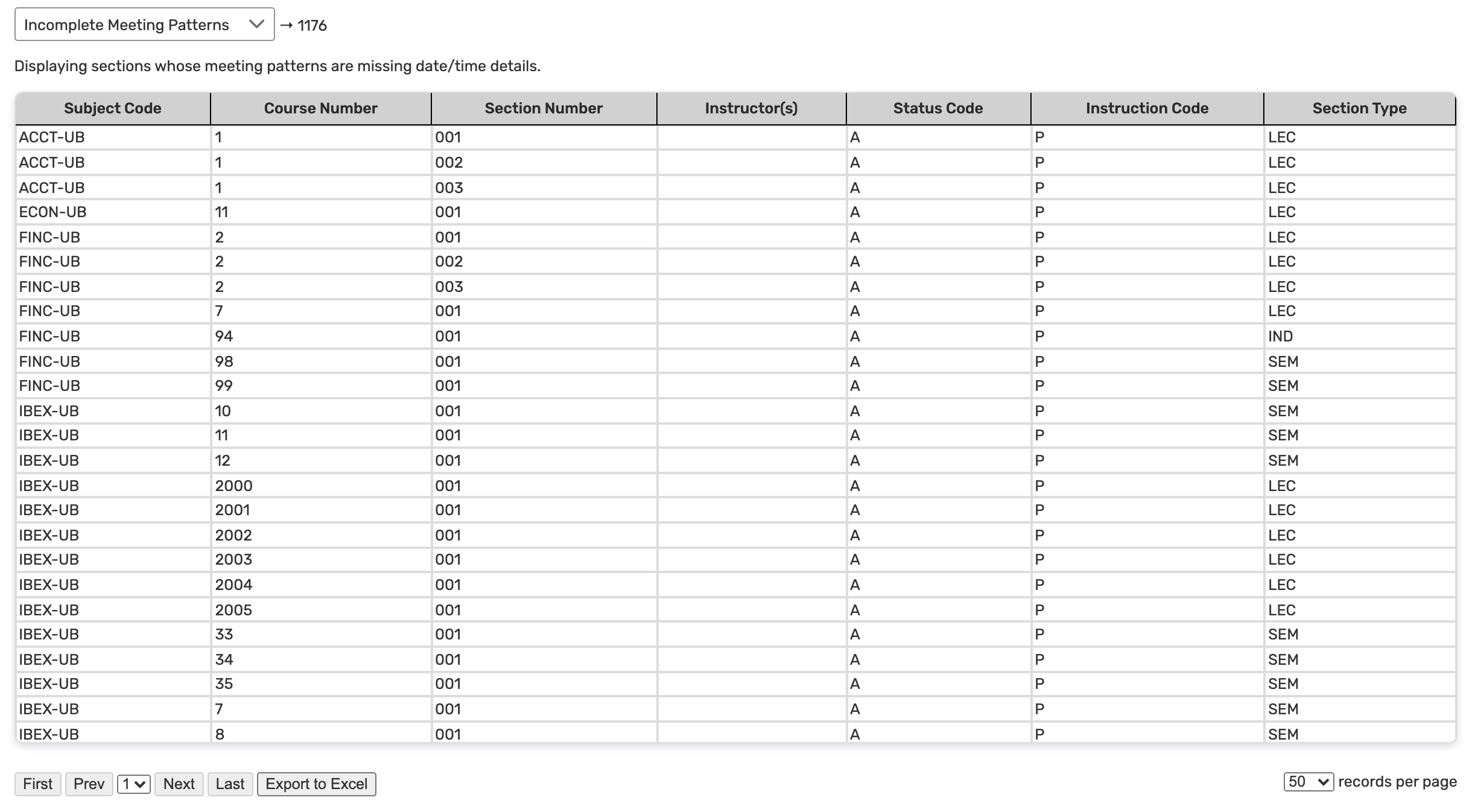 Table of sections without meeting pattern information