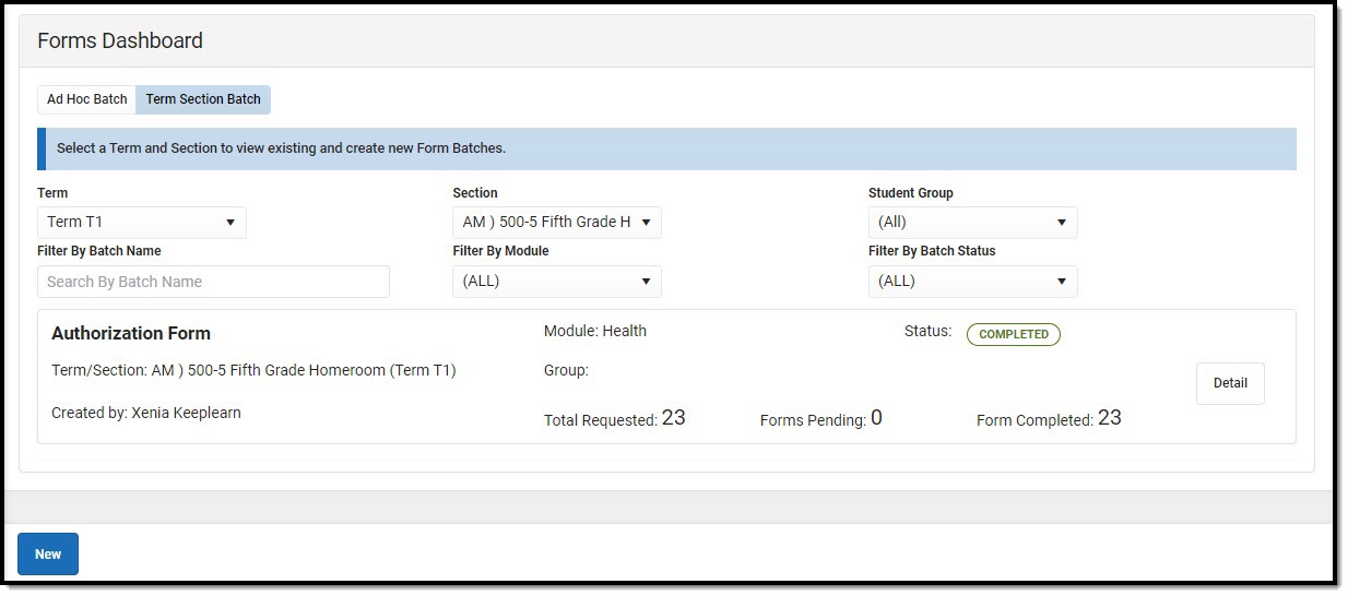Screenshot of Forms Dashboard with Term Section Batch selected.