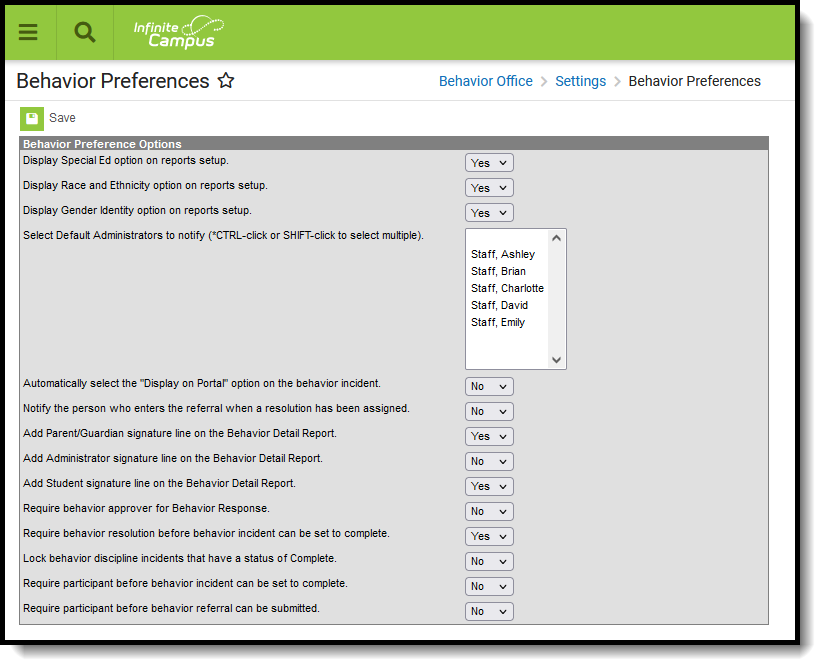 Screenshot of the Behavior Preferences tool. 