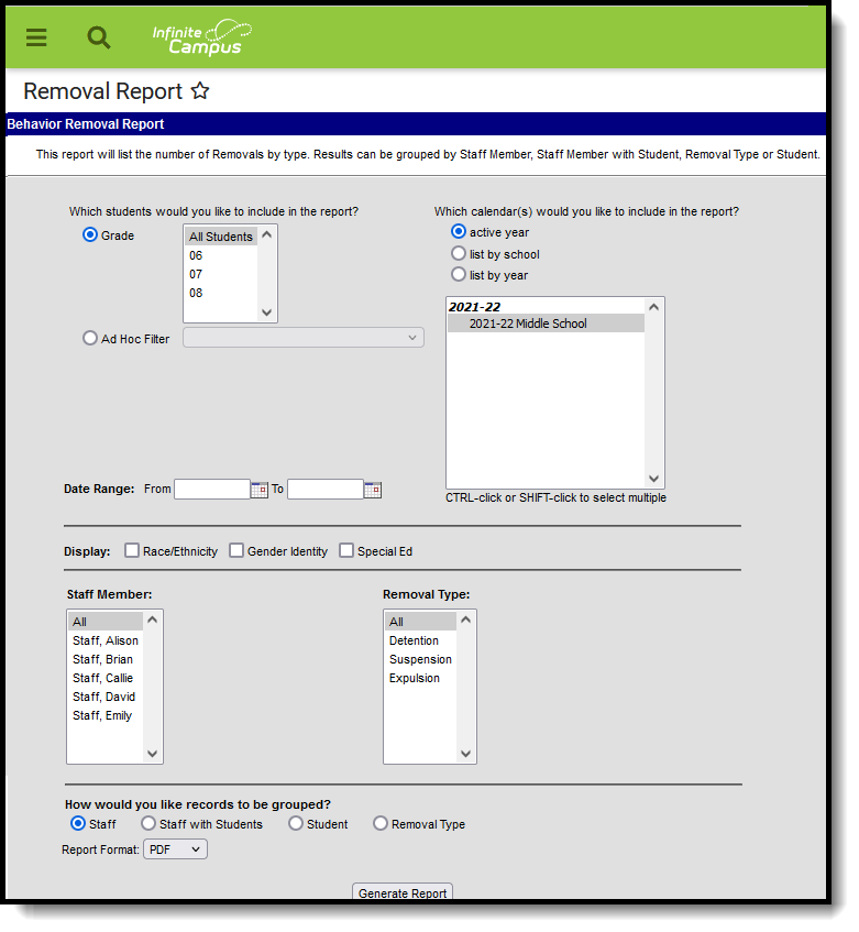 Screenshot of the Behavior Removal Report editor.