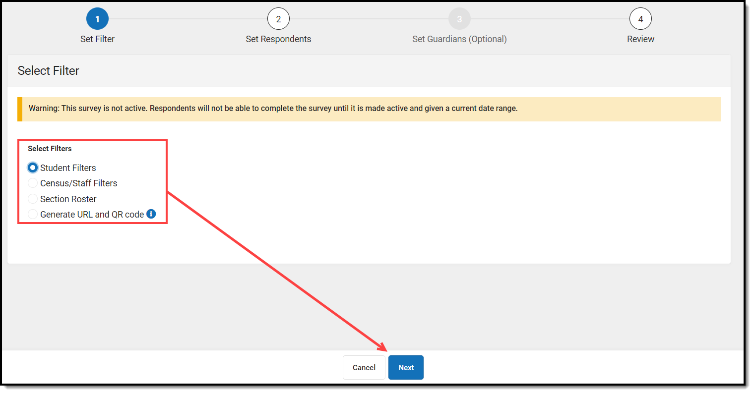 screenshot of selecting the survey filter type