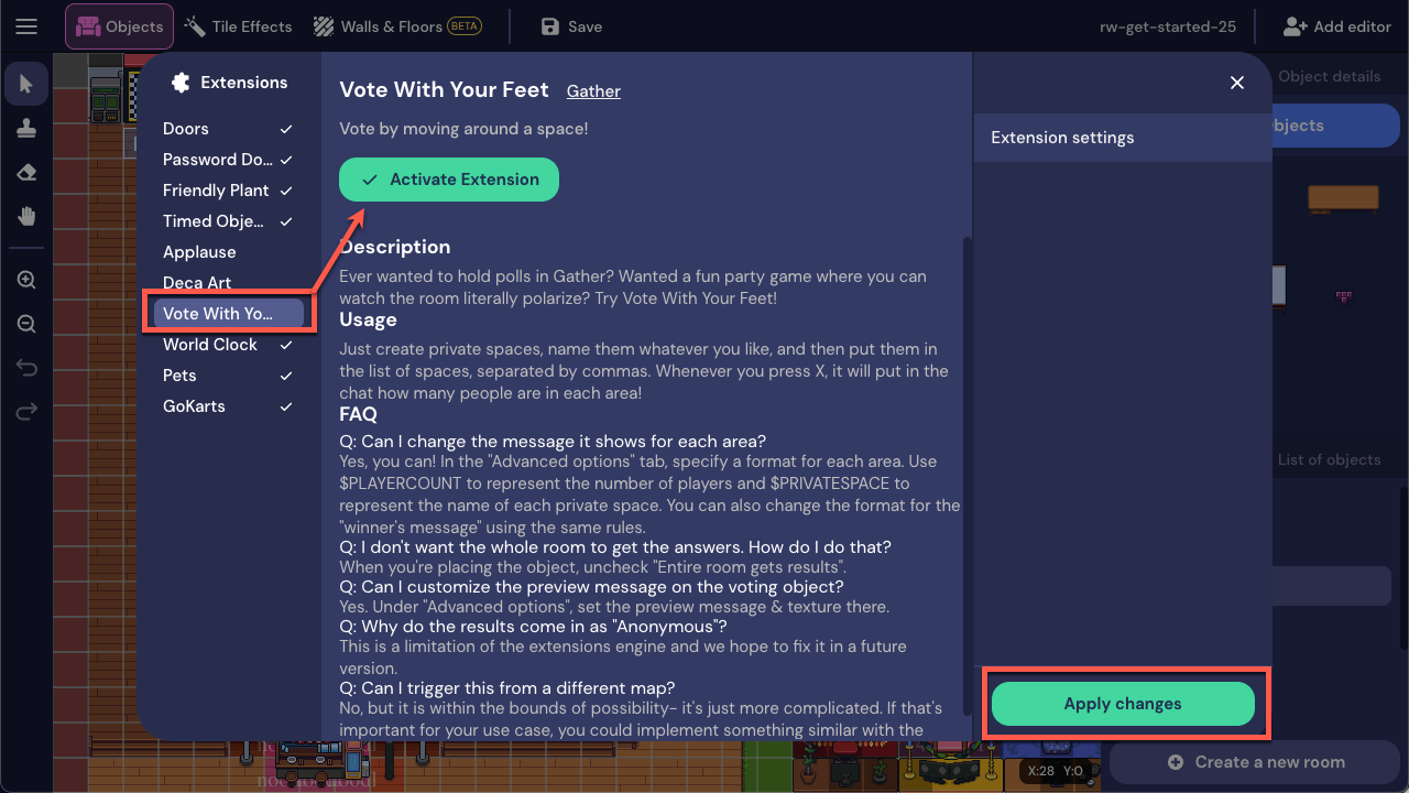 The Extensions window is open, and the Vote With Your Feet option is selected in the Left Nav Menu. with a red arrow pointing to it. A red box is drawn around the Activate Extension button and the Apply changes button.