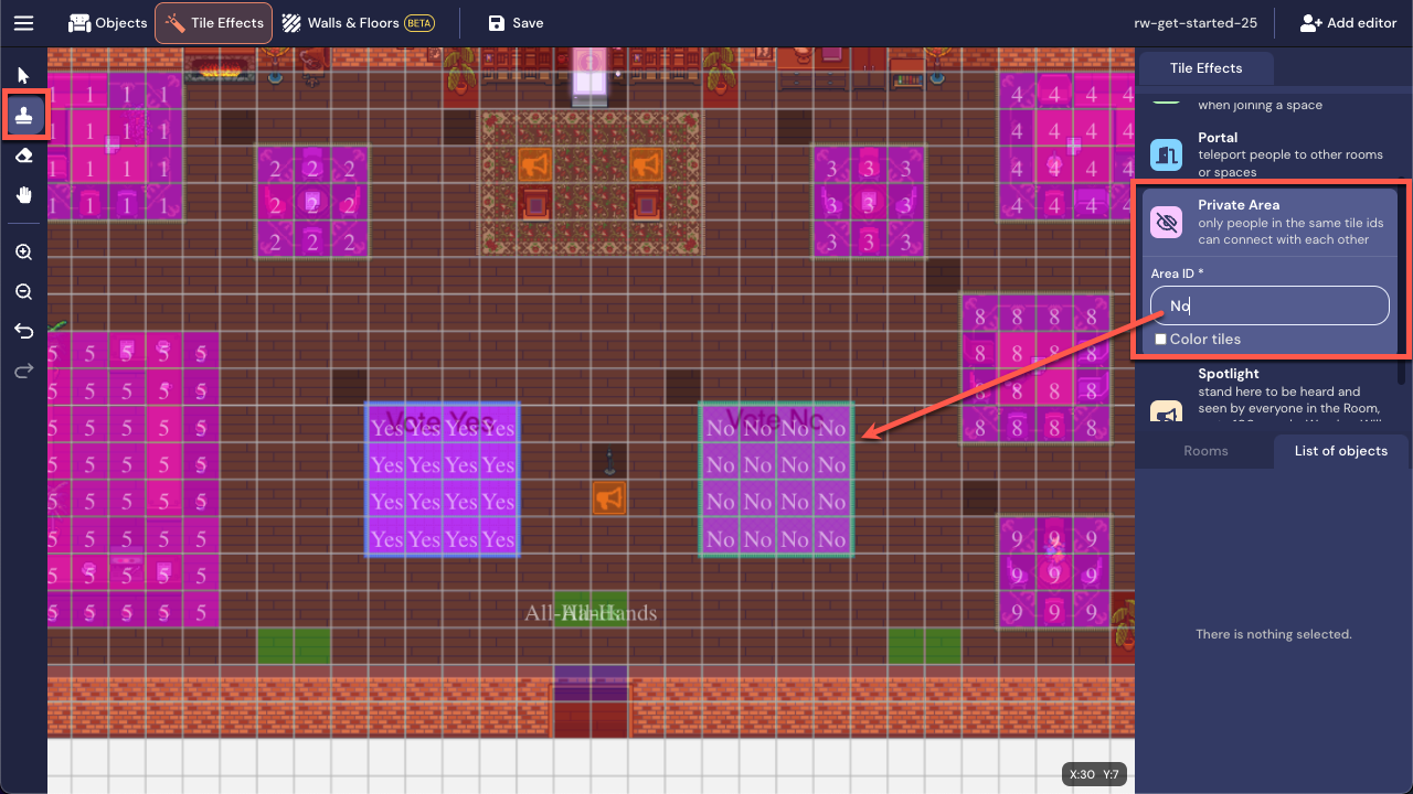 The Tile Effects mode is active in the Mapmaker, with Private Area tiles selected. A red box outlines the Private Area tile effect with a red arrow pointing to the matching private area on the Map.