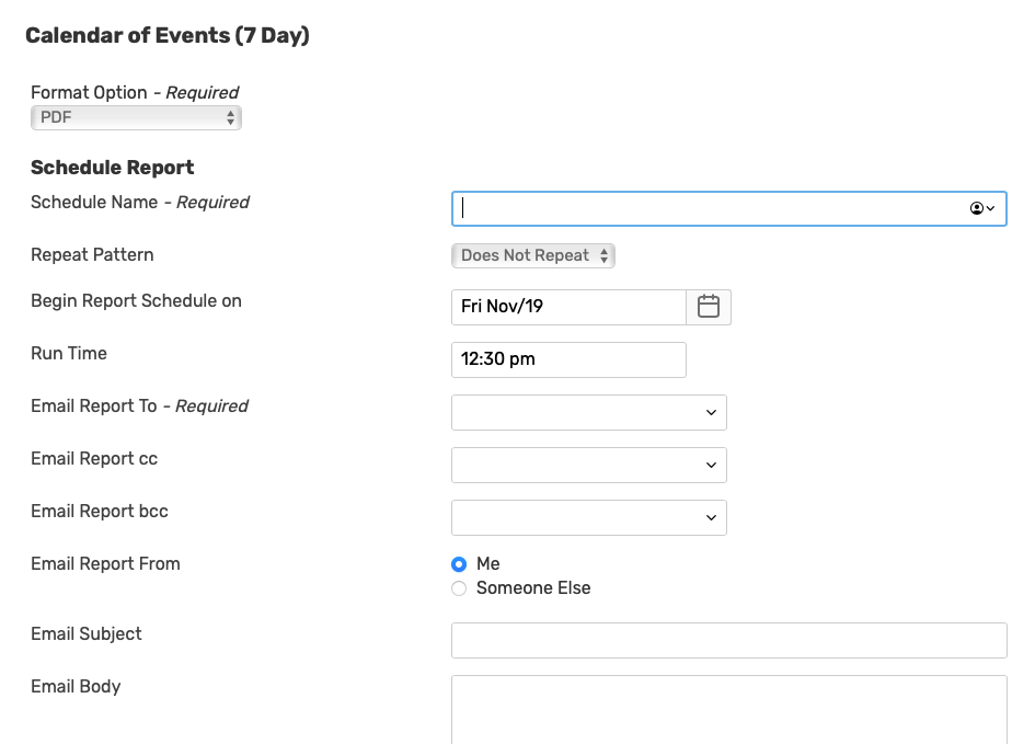 Scheduling a report requires completing a short form of details