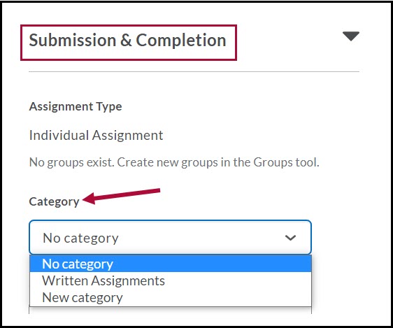 Identifies Submission & Completion box, and indicates category selector.