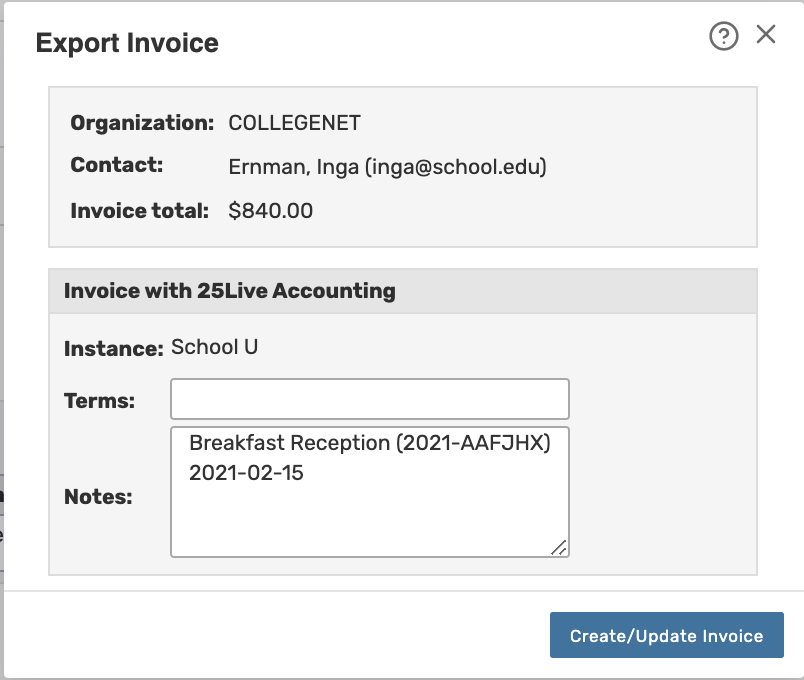 Screenshot of invoice creation window indicating the organization, billing contact, and invoice total