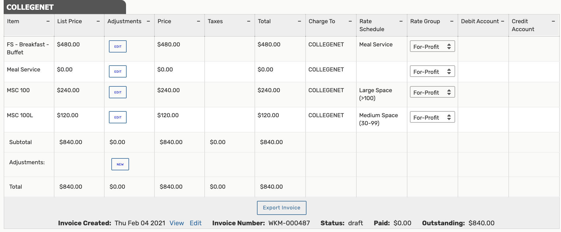 Screenshot of pricing details for an event with invoice information at the bottom