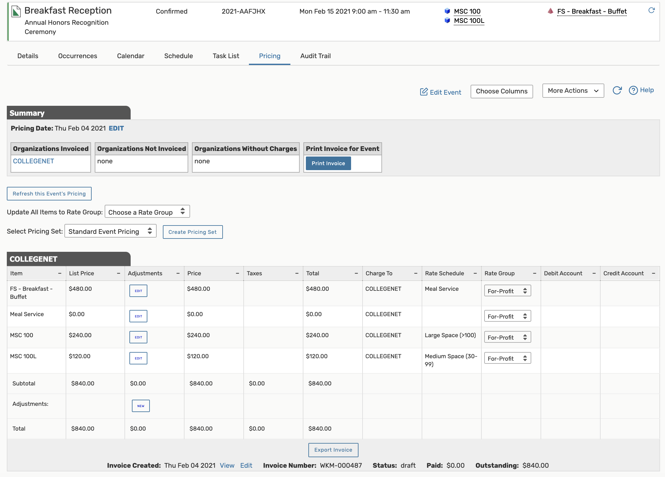 Screenshot of pricing page in 25Live with totals for each line item and invoice details at the bottom