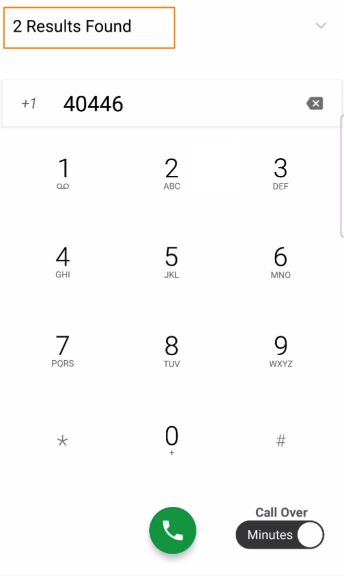 Screenshot of dialer screen with 2 Results Found highlighted