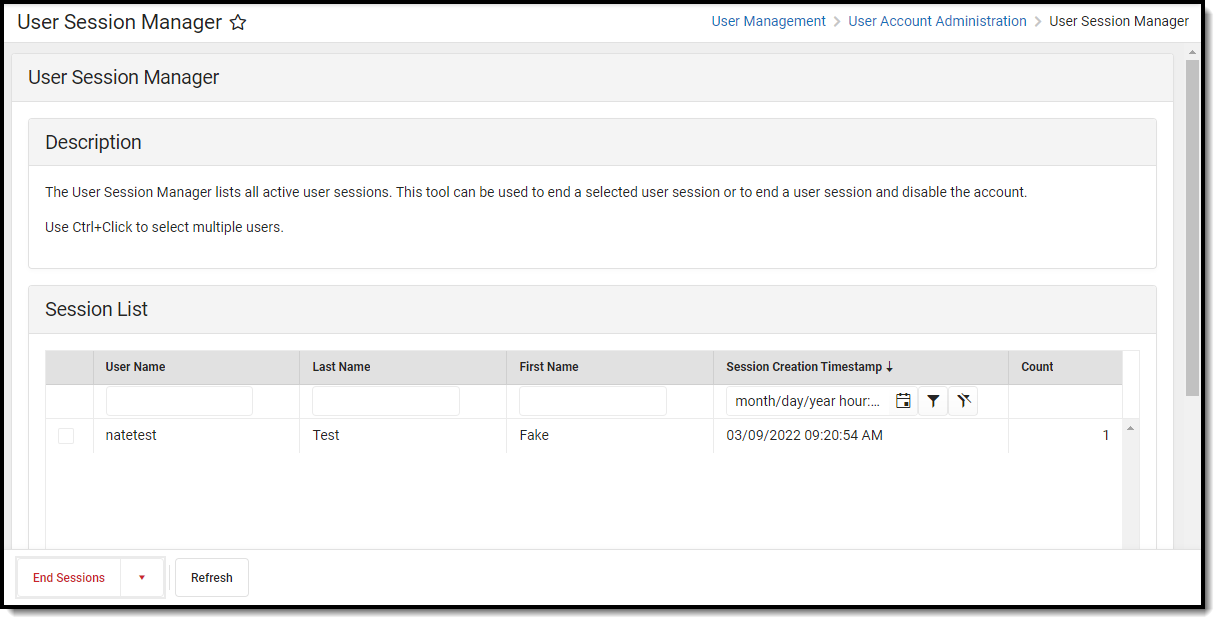 screenshot of the user session manager tool