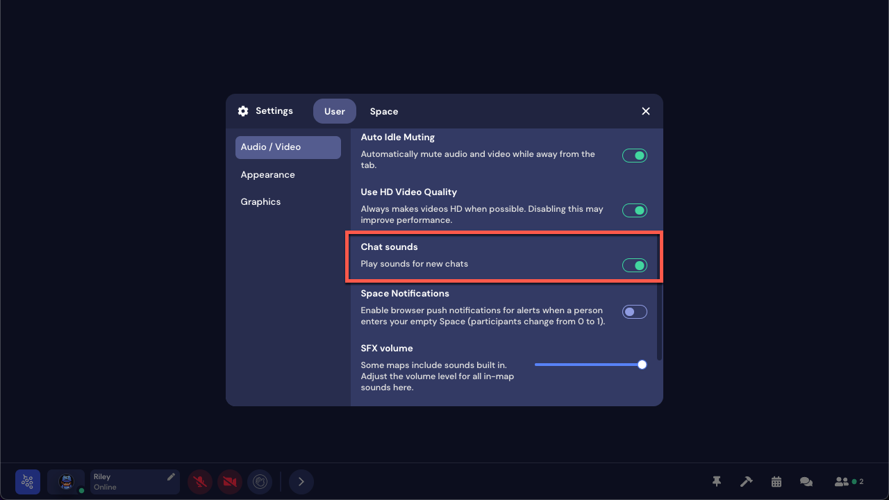 The Chat panel is open and the cog icon is outlined in red, with a red arrow pointing from it to the Manage Chat modal. The modal provides a toggle for Notifications.