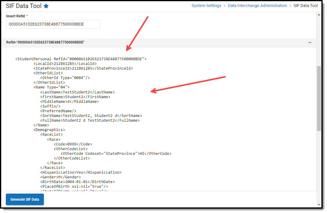 Screenshot of XML View of SIF Object.