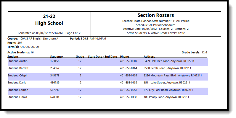 Screenshot of a sample Section Roster Simplified Print, No Gender Display report