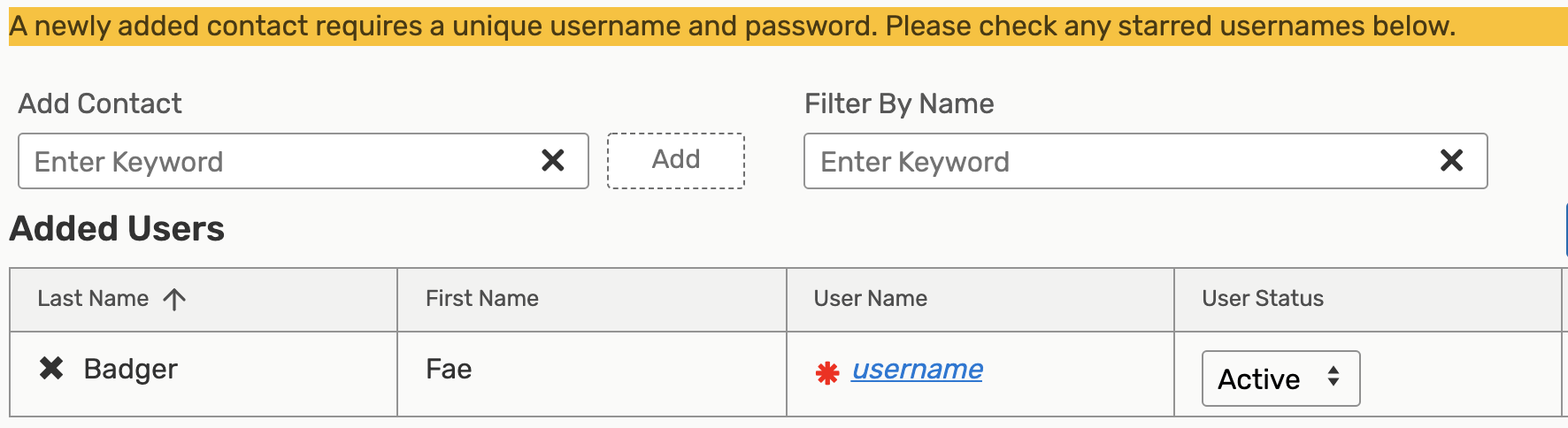 A table of users including Fae Badger with an indication that there is no username or password set