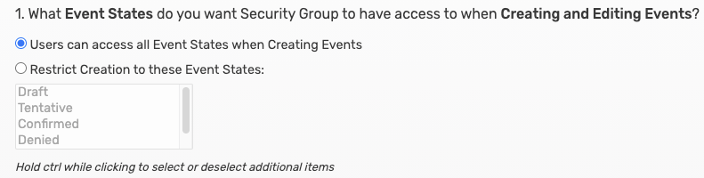 Screenshot of allowed event state configuration which determines which users can access event states