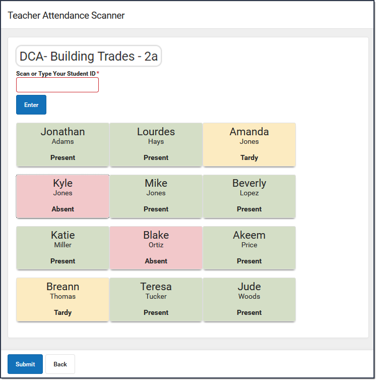 Screenshot of teacher attendance scanner