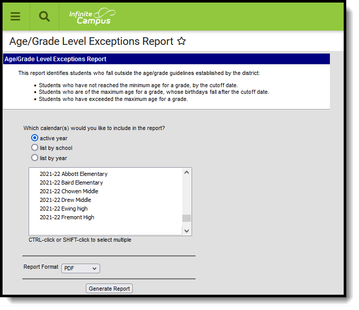 Screenshot of the Age/Grade Level Exceptions Report editor, located at Student Information, Reports. 