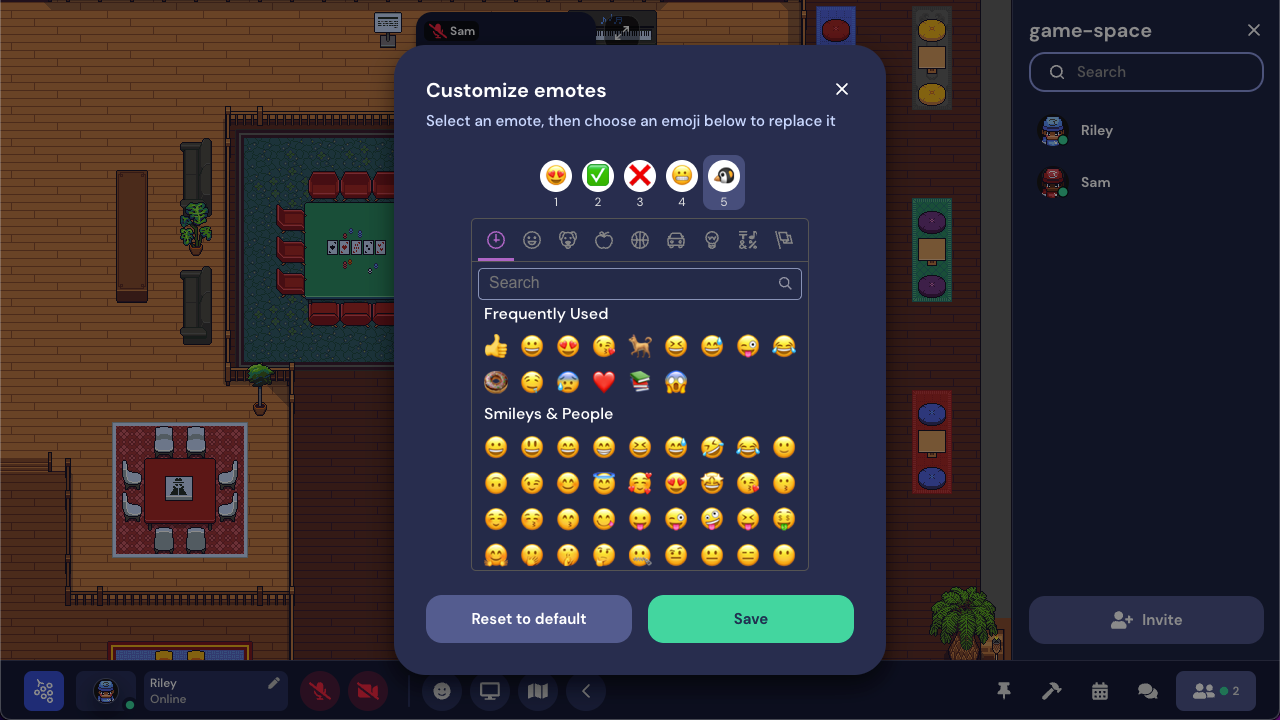 The Customize emotes window with custom emojis from the Mac emoji options.