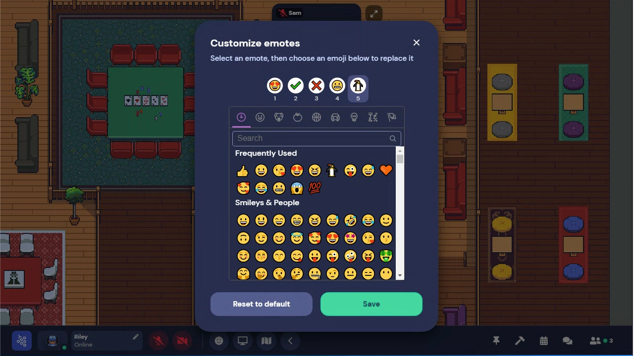 The Customize emotes window in Windows. 1-5 currently show the default emotes, and available Smileys & People from Windows display for selection.