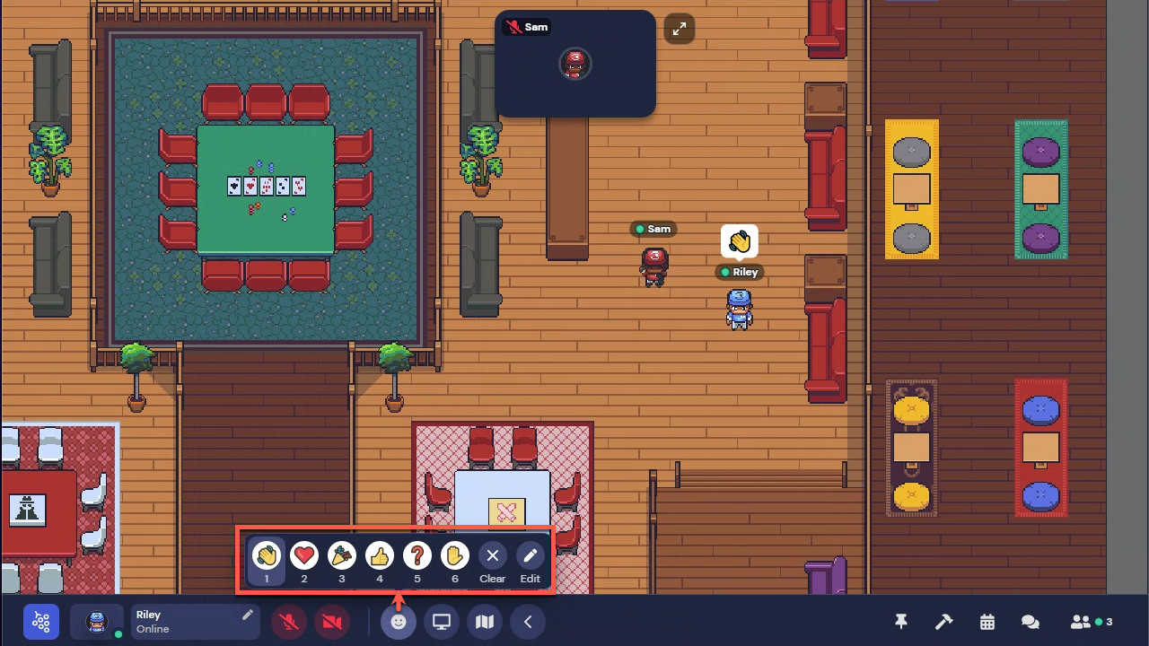 The game room in Gather. Riley has a hand wave emoji above his head and Sam is dancing. Above the Bottom Bar is the Emote menu which shows the numbers and their related emote.