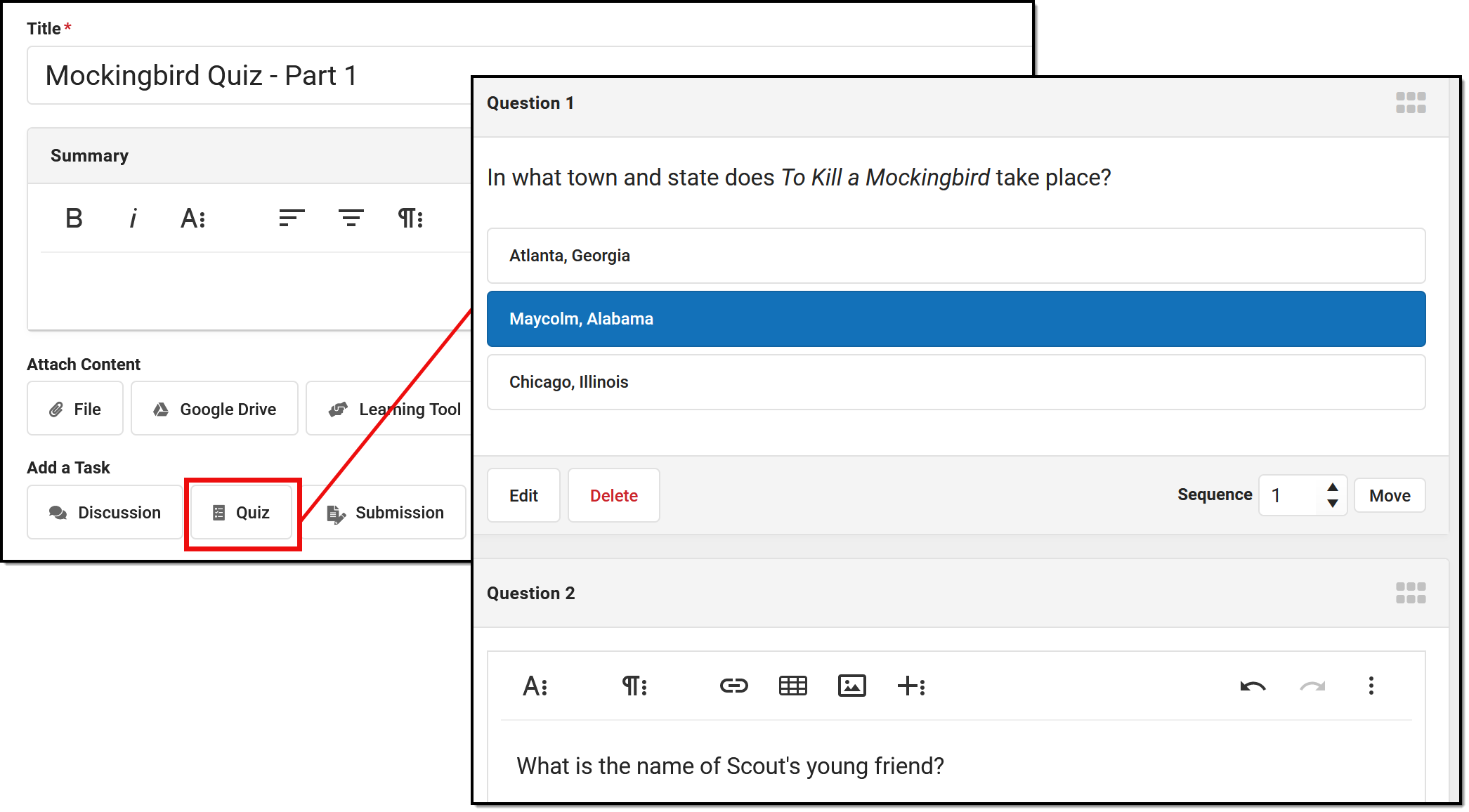 Two-part screenshot showing the Quiz button in the Add a Task section of an assignment and a sample quiz.