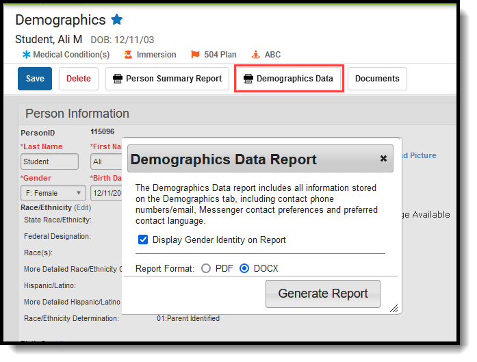 Screenshot of the popup to generate the Demographics Data Report.