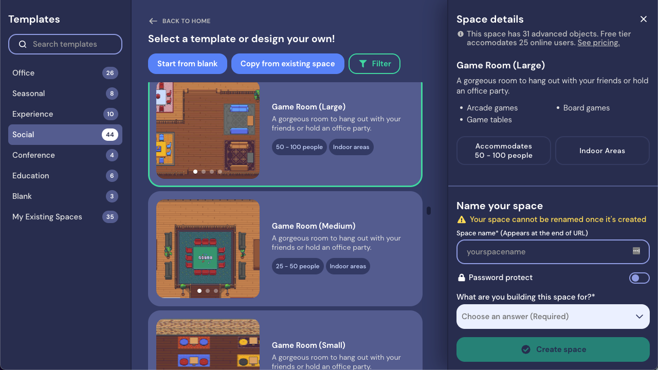A screenshot of the gather.town/create page, with the Social templates selected, and the large, medium, and small Game Room template previews showing.