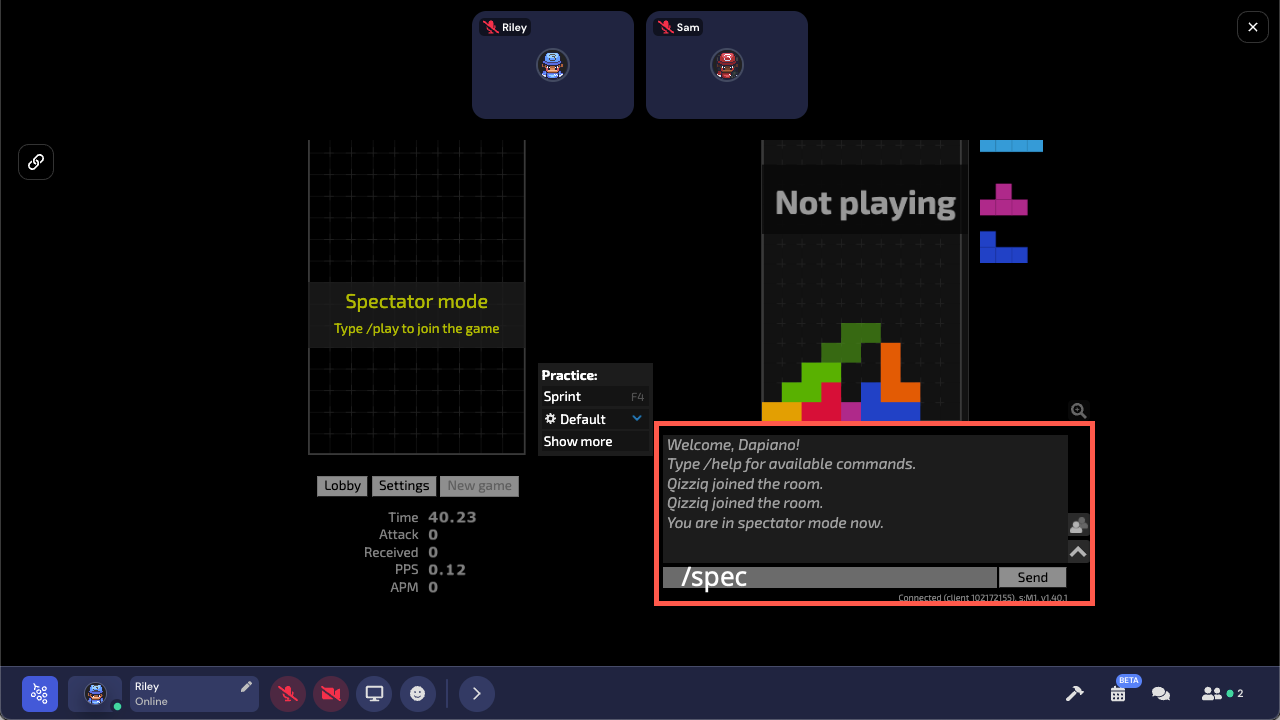 A screenshot of Jstris, the tetris game. The left panel has two labels: 