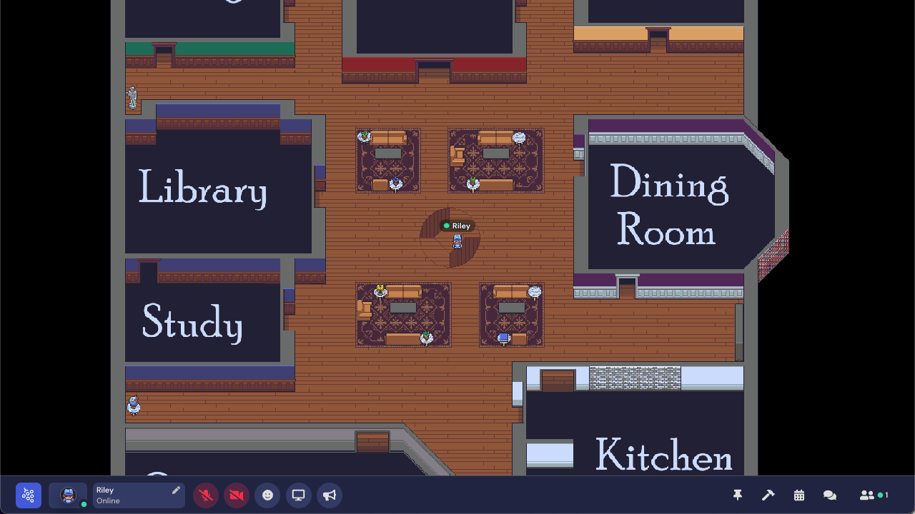 Riley is standing in the center of the Mystery Mansion template. There are six primary rooms with labels reading (from left to right, top to bottom), Lounge, Hall, Parlor, Library, Dining Room, and Study.