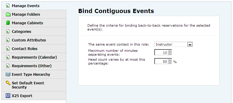 Use the Bind Contiguous Events page of the 25Live Administration Utility to create back-to-back bindings between sections