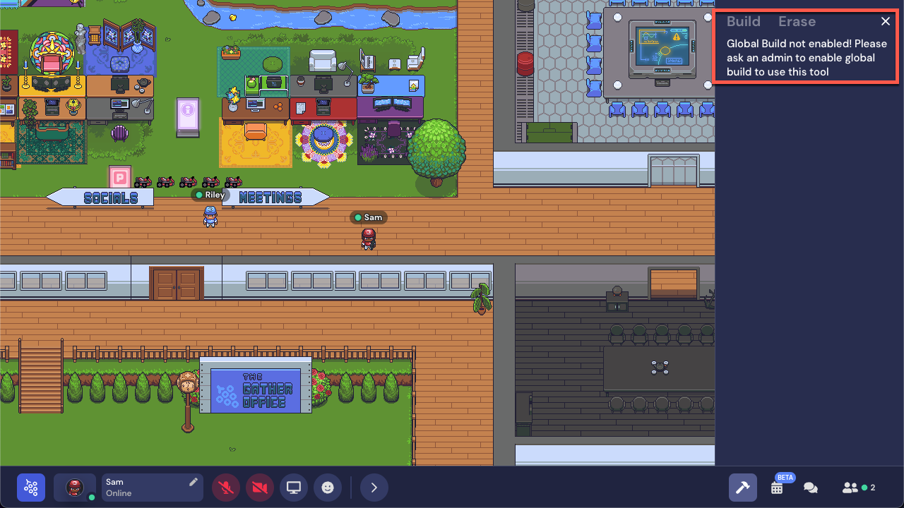 A screenshot of the fancy office template, with the Riley avatar standing between the lobby and desks. In the Left Nav Menu, the Build icon (hammer) is outlined in red. A red arrow points to the message in the Build panel: 