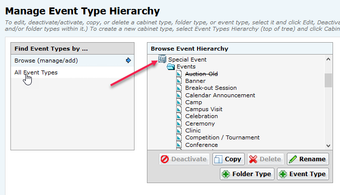 25Live Administration Utility - Manage Event Type Hierarchy - Opening the List of Events Cabinet Structure