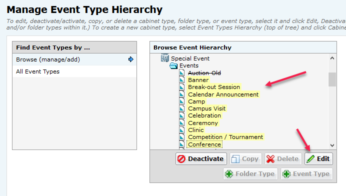 25Live Administration Utility - Manage Event Type Hierarchy - Select Multiple Event Types